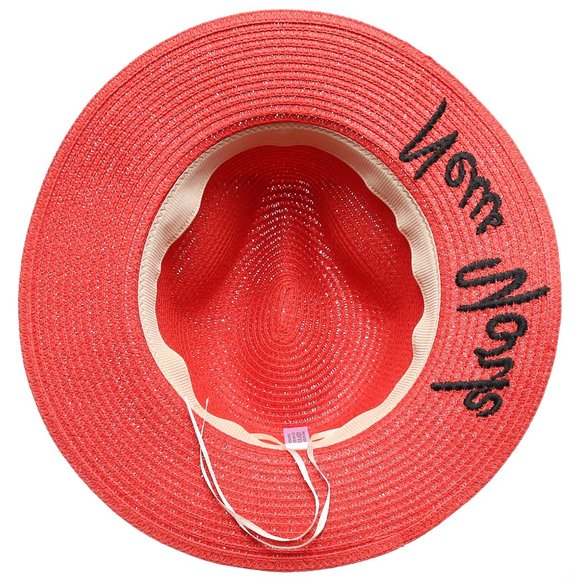 NewYork Embroidered Summer Straw Beach Hat - Red - Picture 6 of 6